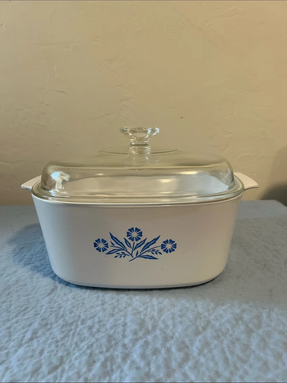 CorningWare casserole dish featuring the iconic Blue Cornflower pattern